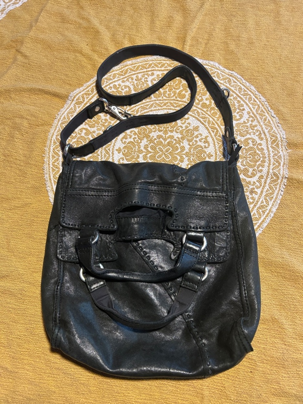 Lucky Brand Abbey Road Black Leather Shoulder Bag with Top Handles